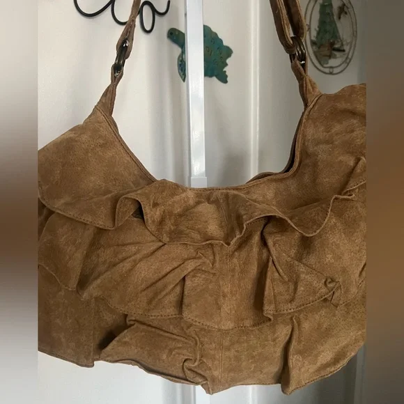 Vintage Lizden Suede Leather Ruffled Hobo Shoulder Bag - Picture 3 of 5